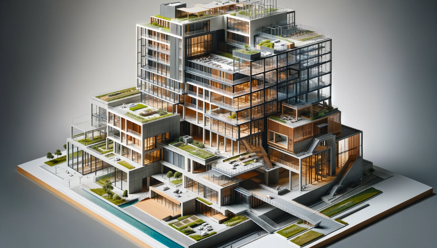  Modello architettonico dettagliato di un edificio moderno con vari materiali da costruzione.
