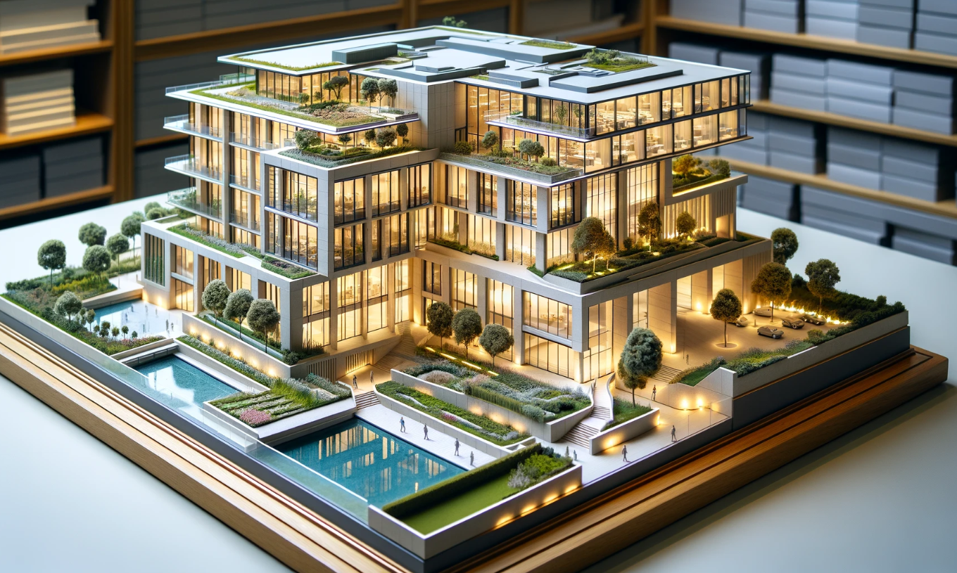 Modello architettonico dettagliato di un edificio moderno, realizzato da Ari Model a Genova.