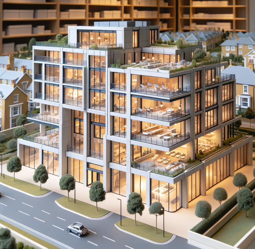 Modello architettonico dettagliato di un edificio moderno, realizzato da Ari Model a Bari.