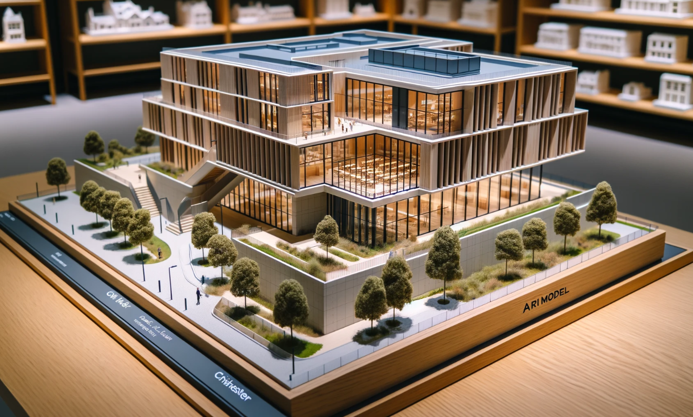 Modello architettonico dettagliato di un edificio moderno, realizzato da Ari Model a Venezia.