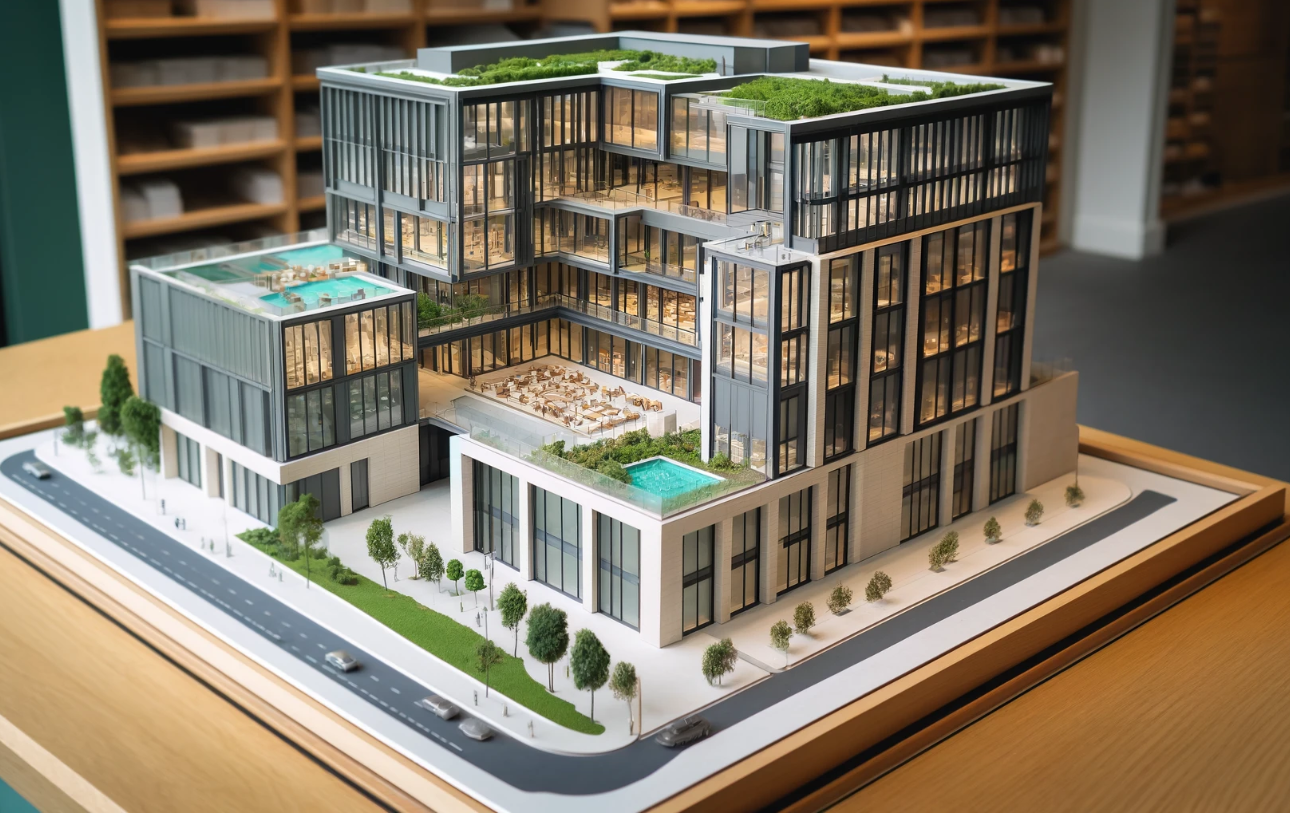 Modello architettonico dettagliato di un edificio moderno, realizzato da Ari Model a Brescia.