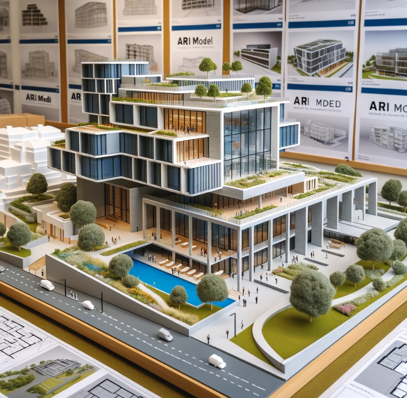 Modello architettonico dettagliato di un edificio moderno, realizzato da Ari Model a Modena.