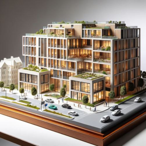 Modello architettonico dettagliato di un edificio moderno, realizzato da Ari Model a Perugia.