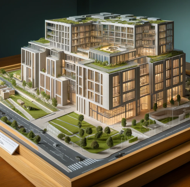 Modello architettonico dettagliato di un edificio moderno, realizzato da Ari Model a Ravenna.