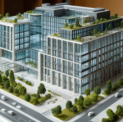 Modello architettonico dettagliato di un edificio moderno, realizzato da Ari Model a Ferrara.