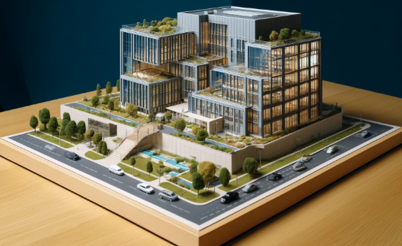Modello architettonico dettagliato di un edificio moderno, realizzato da Ari Model a Monza.
