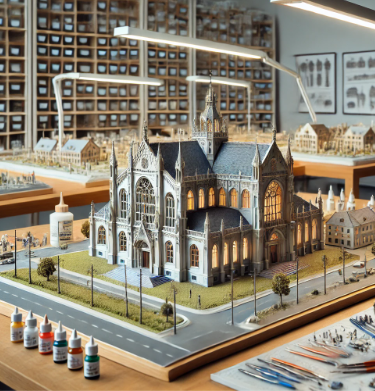 Un modellista a Recklinghausen che lavora su un modello architettonico dettagliato.
