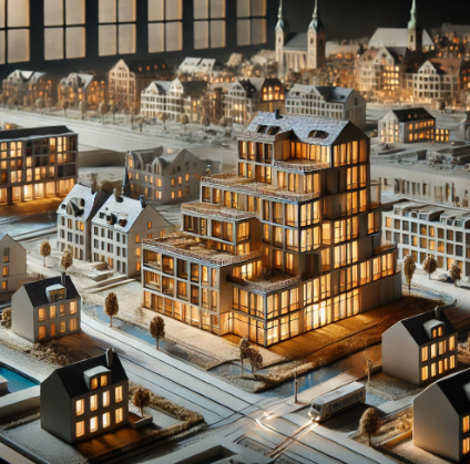 Modello architettonico di un edificio commerciale a Ingolstadt, realizzato da Ari Model.