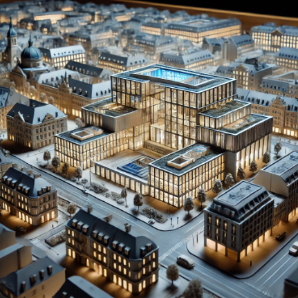 Modello architettonico dettagliato di un edificio storico a Würzburg realizzato da Ari Model.