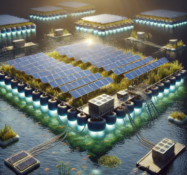 Un modello dettagliato di centrale solare galleggiante creato da Ari Model, che illustra l'installazione di pannelli solari su piattaforme galleggianti, con la tecnologia di conversione dell'energia e le soluzioni di stoccaggio. Perfetto pe