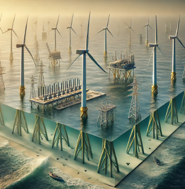 Un modello di energia eolica offshore realizzato da Ari Model, che mostra come vengono installate le turbine eoliche al largo della costa e come l'energia prodotta viene trasmessa alla rete elettrica. Perfetto per la visualizzazione di progetti 